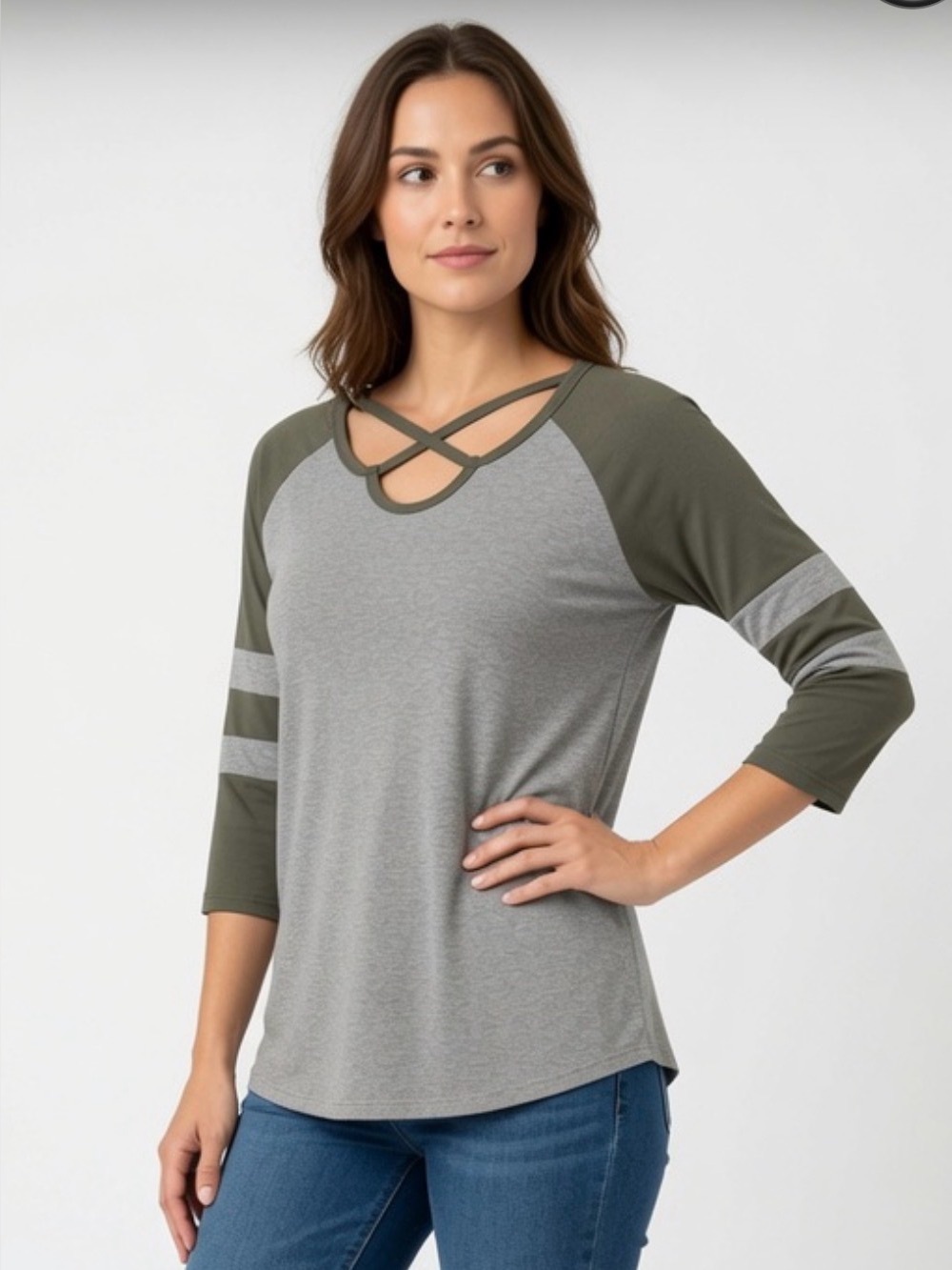 Moa Moa L Olive Gray Crisscross Neck 3/4 Sleeve Stretch Top